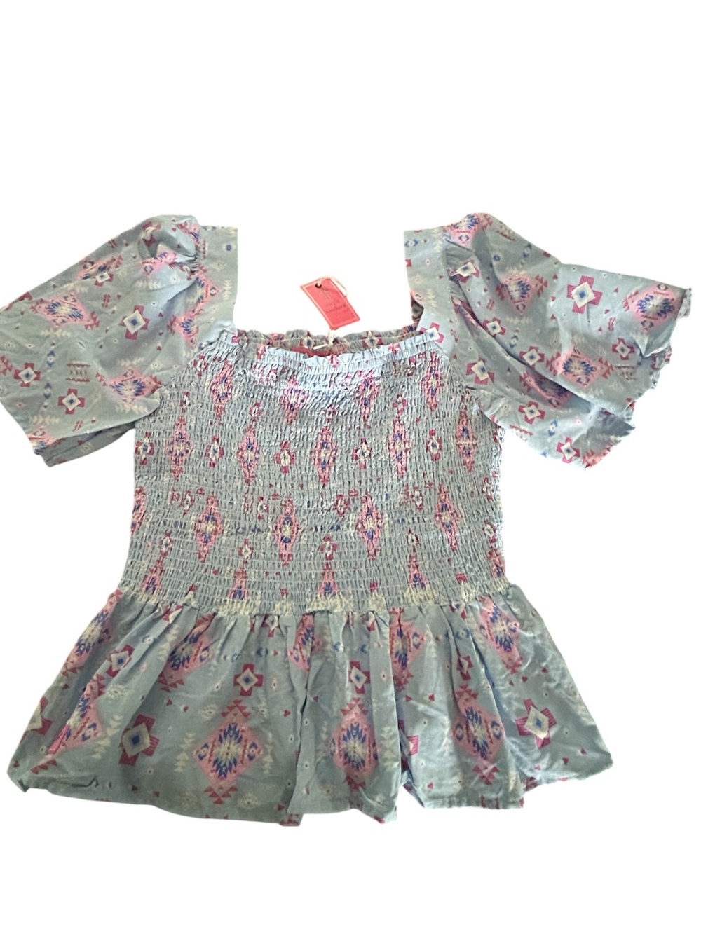 Simply Southern Smock Peplum Blouse Puff Sleeves Aztec Print Blue Pink NWT SZ M - Picture 2 of 13